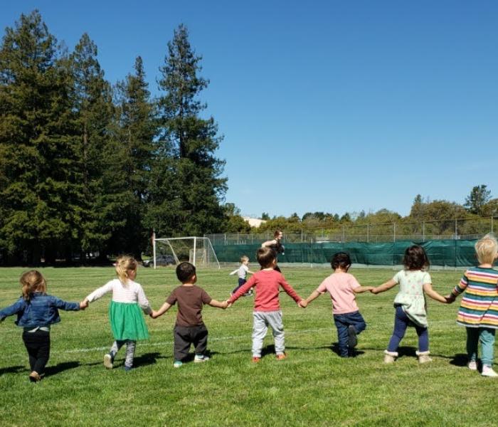Back of children holding hands standing in field 