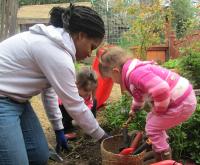 Teacher and children digging in garden.